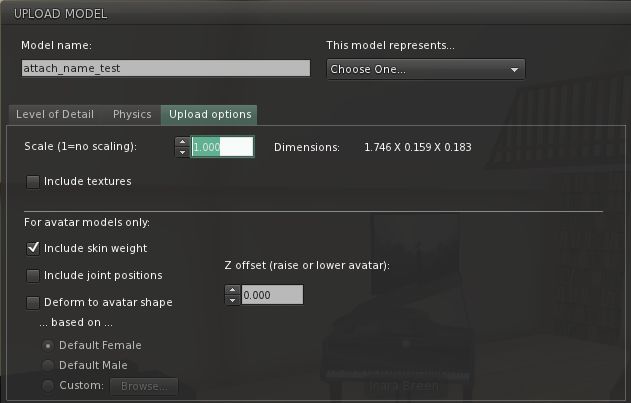 The updated shape selection options for mesh clothing and human shapes in the mesh upload floater