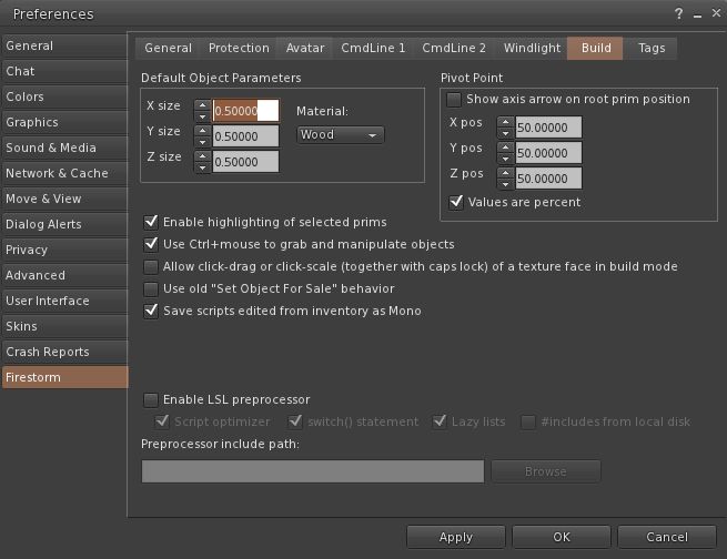 The new Firestorm > Build tab in Preferences