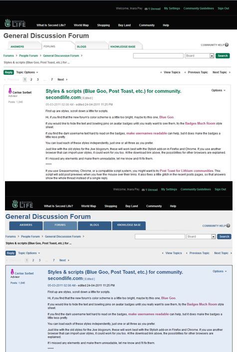 The default forum page presentation (top) and Blue Goo (bottom)