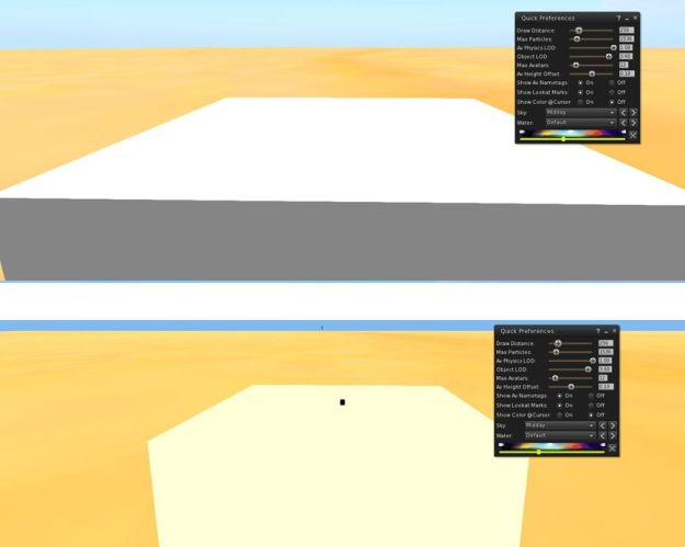 Interest List in action: in the top image, the current problem. The interest list code is based on the avatar position. I'm standing 100m from a .5-cube with a 0.001 cube on it. When zoomed in on the cubes, the smaller one remains invisible (and I vanish from view). In the bottom image is the same set-up using the new interest list code. The 0.001 cube is now visible when I zoom in via camera, and I'm also visible, over 100m away. 