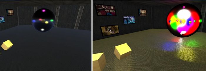 Tofu blizzard's "space reflections": (l) a viewer running in deferred mode; (r) Niran's viewer running in deferred with "space reflections" active