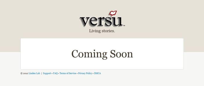 The Versu website placeholder from Linden Research, December 2012