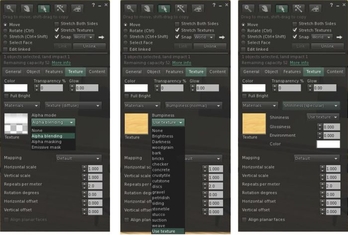 Materils Build floater Texture tab revisions (31-01-13): The diffuse (texture) option, showing the Alpha mode drop-down options (l); the normal map options, with map picker and default texture list drop-down (c); the specular map options, in which the Use texture drop-down displays the familiar low, medium & high shiny options (r) 