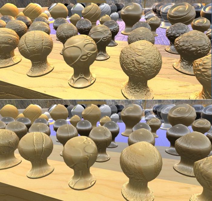 With and without: how materials will look when running a viewer in differed mode (top) and in non-deiffered mode (bottom). The differences are clear, but the in-world experience in non-differred mode is not in any way "broken"