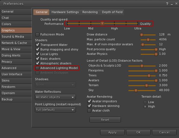 Updated Graphics tab options reflecting LL-deriven GPU table updates and upcoming support of materials processing