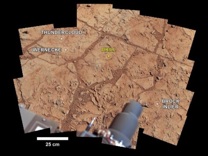 A mosaic of the "John Klein" drill site showing the areas identified for drilling relative to the actual dilling location. These images were capture by the rover's Mascam system, and the "shoulder" joint of the robot arm can be seen protruding into the picture from the bottom