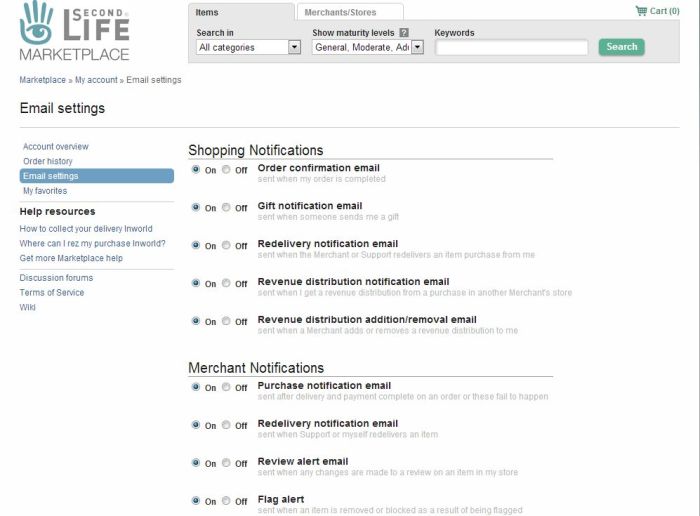New SL Marketplace e-mail notification options