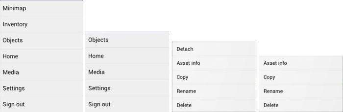 RLV in Lumiya: in the left two images, the 3D world view Settings menu showing how active RLV restrictions remove options (Inventory, Minimap) from that menu. On the right, two images showing the removal of the Detach option from the object menu for an RLV "locked" item 