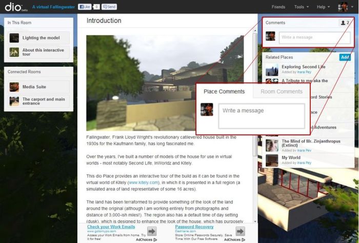 The old dio Comments panel (main picture) and the new, tabbed approach for commenting on rooms and Places (inset) 