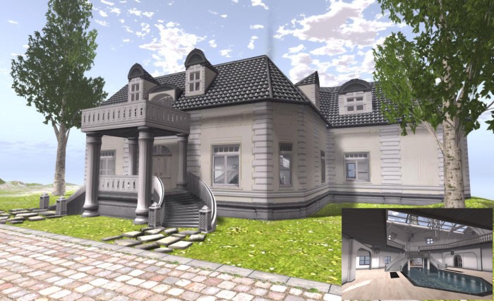 The mesh / prim mansion by LAQ Decor with (inset) the swimming pool