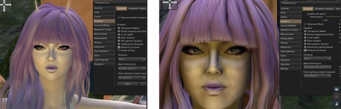 SSAO issue: A facial view in the current release of Firestorm with Ambient Occlusion enabled (l); a similar image captured on the upcoming Firestorm release, showing a "dirty" face as a result of enabling SSAO alongside Ambient Occlusion (r)