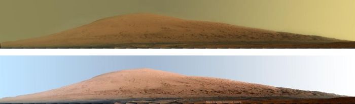 "Mount Sharp" towards the centre of Gale Crater, as seen in a "raw" image (as it would appear on Mars 