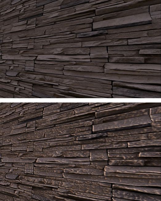 A simple demonstration: a wall using just a diffuse (texture) map (t) and the same all with a basic normal map applied (b)