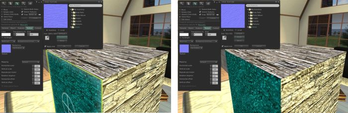 More work is required on the viewer-side of materials processing, such as smoothing out issue like MATBUG-16, which sees problems occurring with applying materials to different faces of the same object (in this case, applying a normal map to the green face of the prim sees the map also applied to all the other faces)