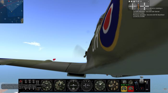 Flight testing region crossings: when moving between regions running on different simulator versions, I invariably encountered greater issues (such as the camera being shunt, as shown above) than when crossing between regions on the same simulator (note the chat console reports, lower left and notifications. top right).