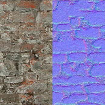 Left: A diffuse map (texture); right: a normal map created directly from the texture