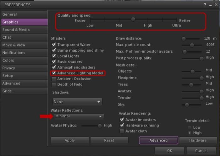 Graphics tab changes in Preferences and water reflections