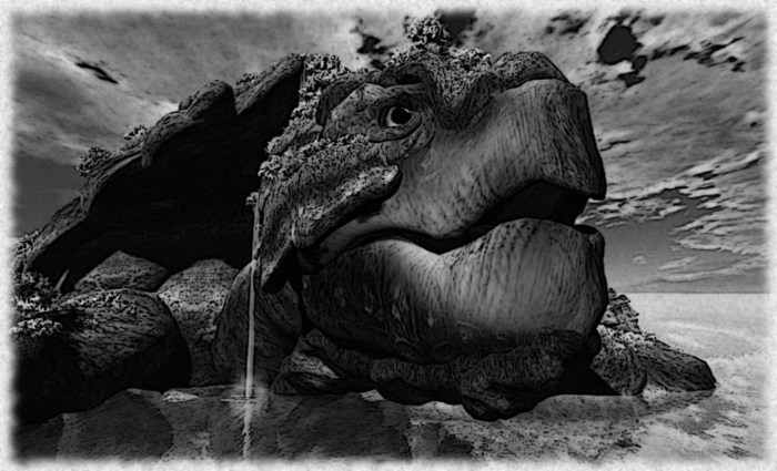 "We took to the long boats on the morning tide and made our way inshore. A path led towards a bridge and a route up onto the island, and the others were quick to set of in exploration. I waited a while, content to draw the great head of the 'beast'..."