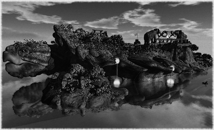 "We approach A'stra from seaward. I could scarce believ my eyes - the legends were true! An entire islands carved into the likeness of a giant turtle, beautiful waterfalls tumbling from its back which was itself a verdant green land. As the Captain dropped anchor, I took pen to paper, anxious to capture this wonderful land we were about to exlpore..." 