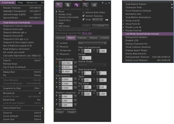 Kokua 3.6.0: the Commands menu (l); the updated Build floater Objects tab with improved copy / paste (c); the new Avatar sub-menu options for Private Look At / Point At and Cat Mode (r)
