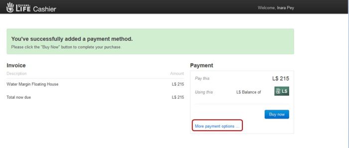 The revised SL Cashier payments page for the SL Marketplace