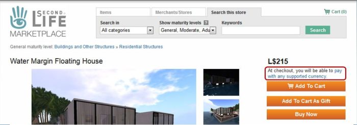 SL Marketplace: no more USD prices for goods on item pages, but a new notice about payment methods and currencies.