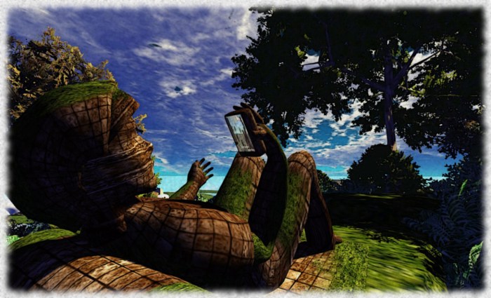 Some people can't leave their technology at home, even when visiting somewhere like A'stra (you might was to zoom-in on the tablet sceen as well, when you find him!)