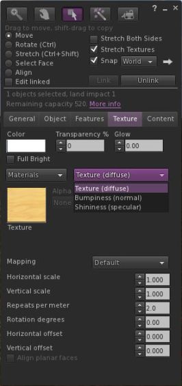 The updated Texture tab of the Build floater