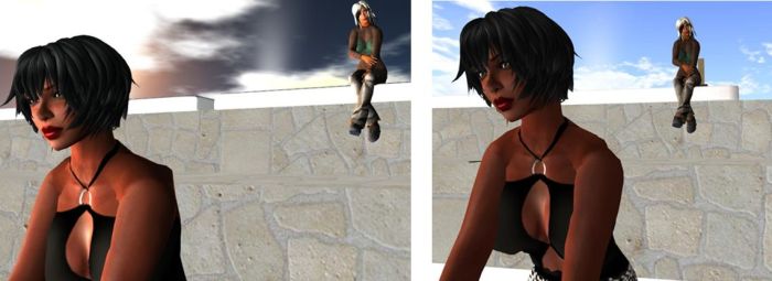 Exodus SSB/A: (l) my avatar on Exodus and my CTA on the SL viewer - both render correctly in Exodus on the Aditi SSB/A test regions. (r) The same agin, but this time my avatar (foreground) on Exodus, as rendering in the SSB/A-capable SL viewer.