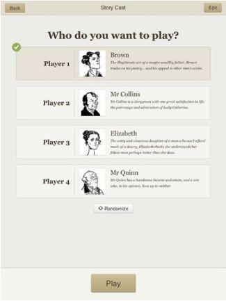 Versu character screen (click to enlarge): you chose the characte you wish to play, the rest will react to you based on a range of social rules, their own goals, and your actions in the story (image courtesy of Linden Research / Apple Computers)