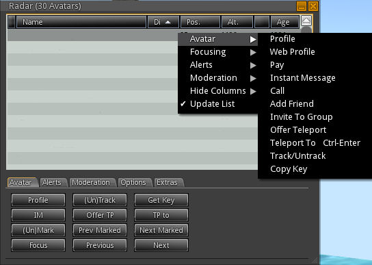 You can now right-click on avtar lists in singularity and carry out avatar / avatar functions (names removed from radar list for privacy)