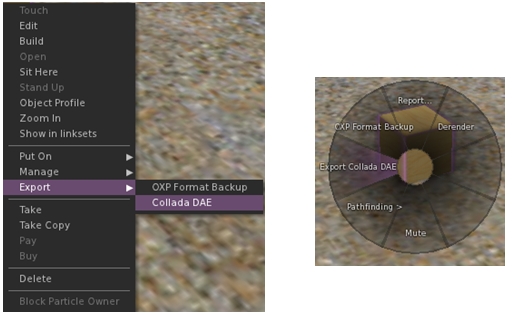 The DAE expoert options in Kokua's context and pie menus. If you're not the creator & owner of the item you're trying to export, they won't be available to you