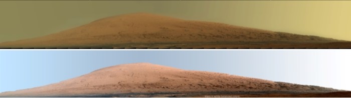 Destination Aeolis Mons: Two versions of a "deep zoom" shot of the mount captured on Sol 45 (Sept 20th, 2012). The upper image is as the scene appears under normal Martian daylight conditions, the lower has been "white balanced" to show the scene under normal Earth daylight conditions