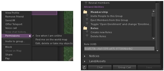 (l) Setting permissions for friends can now be done via a sub-menu int he people folder; (r) the UUID for a group can now be obtained from the group's general tab (role UUID can also be obtained from the Roles tab)