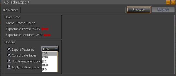 The Collada export option now has its own floater, which will indicate the prims / textures in an object you can export (arrowed) & which allows you to set additional options for the export, including the preferred format for textures
