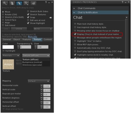 Exodus 13.09.21.1 includes materials processing support (l) and an option to replace your avatar's name with "you" in your chat window