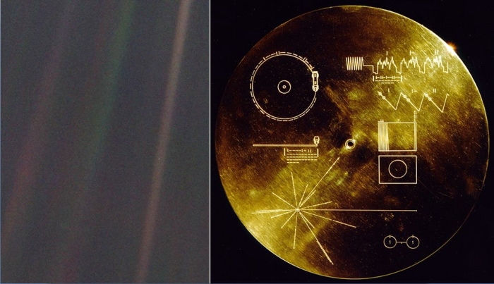 Left: Pale Blue Dot: Earth is is small white dot in the right-most orange band in this image captured by Voyage1 in 1996. Right: the instructions and data imprinted on one side of the Golden Record carried by both Voyager probes