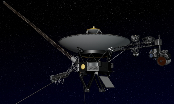 Voyager: the most prominent element of the vehicle is the communitactions dish; below and to the left of this is the nuclear RTG power source; extending out to the top left is the insstrument boom, and to the right the imaging boom and camera system