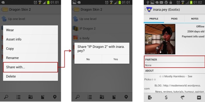 Lumiya 2.5.5 allows you to share / give inventory items with / to others (left and centre) and also display partner information in the Profile display (right)