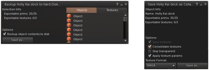The beta release of Firestorm will support the exporting of your own creations, respecting the SL permissions system, including export to .DAE format (the above shots are for information only, and may be subject to change before the next release