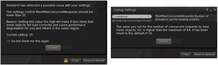 MeshMaxConcurrentRequests is now set to 16 by default and will issue a warning is set higher than 32 (l) and will reset to 16 if set higher than 64 (r). This is to prevent users encountering issue by setting too high a value (higher is not actually better)