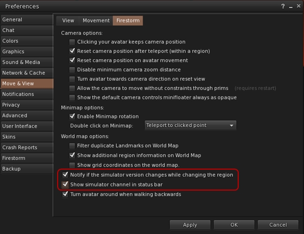 Options for showing simulator channel details on crossing between regions on different channels