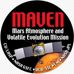 The MAVEN mission patch pictures the principal contributors to the mission: the University of Colorado, Boulder's Laboratory for Atmospheric and Space Physics CU/LASP; NASA's Goddard Space Flight Centre, the University of California at Berkeley's Space Sciences Laboratory, Lockheed Martin and NASA's Jet Propulsion Laboratory
