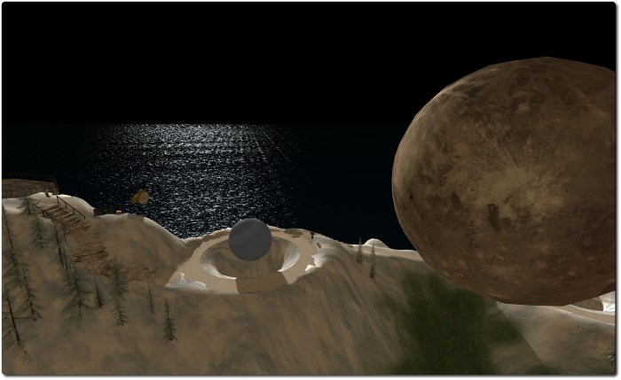 Trton, the largest moon of Neptune, with its parent planet in the backgroun, part of the Oceania Planetary Park