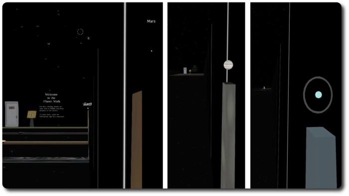 A scale model of the distances between the Sun and the planets. Left: looking back from the orbit of Mars; Centre: fro the orbit of Jupiter. Right: from the orbit of Uranus