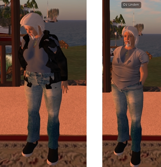 Oz, looking more portly than his usual self, demonstrates the new project viewer and collision bones. His mesh jacket (l) which is not rigged to the new bones, fails to adjust to his altered size. The t-shirt which has been rigged to the bones, however, does (r)