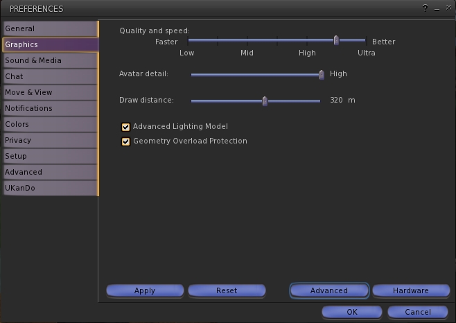 Preferences > Graphics gets revised to include the Geometry Overload Protection option and an option to enable / disable ALM without having to access the Advanced options