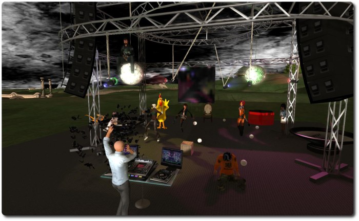 Maestro Linden (foreground) leads the Server Beta meeting. The colony of bats to his left is Voidpointer Linden, who is working on the Oculus Rift project