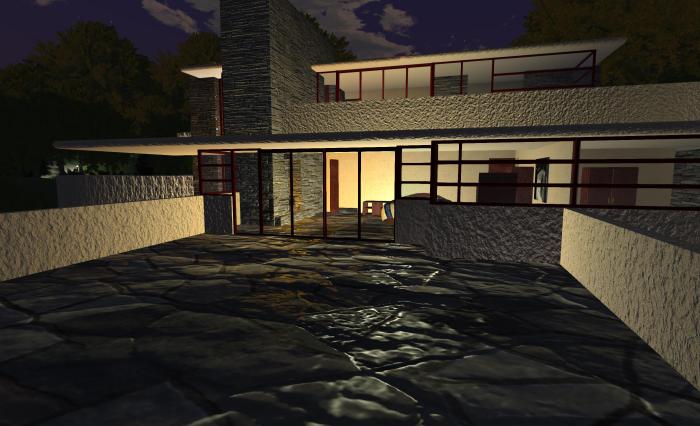 Fallingwater showing interior lighting reflected on the bedroom terrace using materials