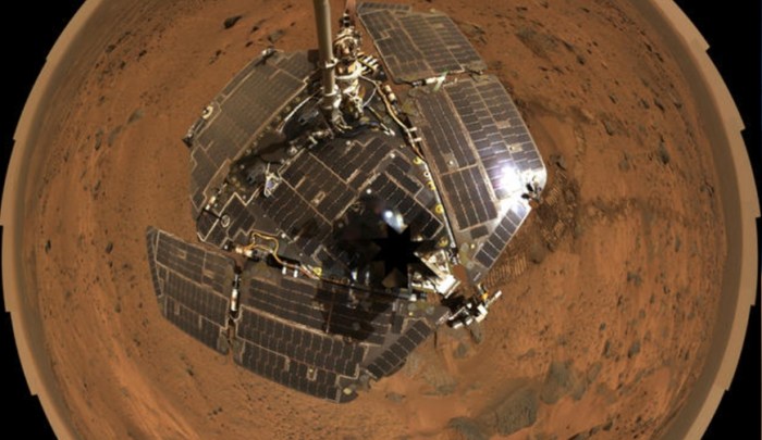 A "selfie" by Opportunity, showing the pristine solar panels as seen from the rover's mast-mounted Panoramic Camera